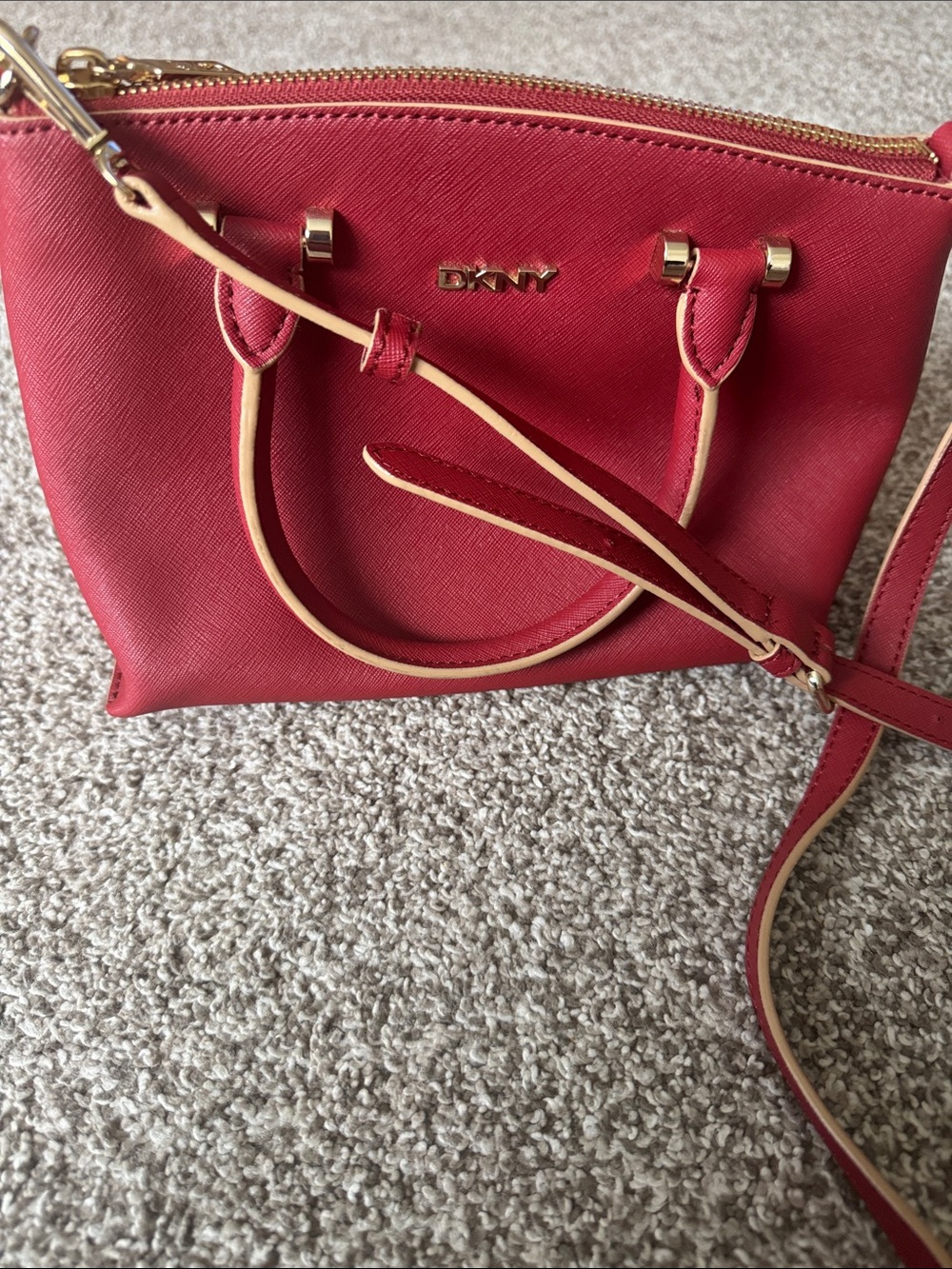 DKNY Red Saffiano Crossbody Satchel with Gold Hardware